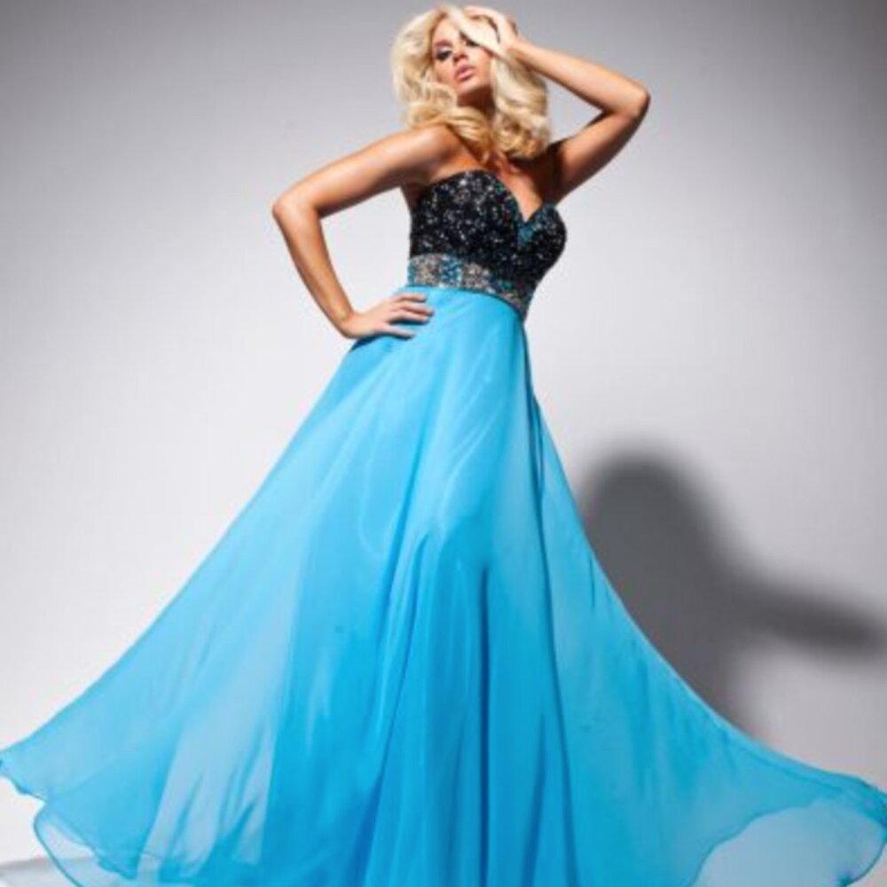 Tony Bowls 113523 Turquoise and Black Dress, Size 4 – Gown with Bold Colors